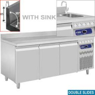 Ventilated "wall" cooling table, 3 doors GN 1/1, with sink