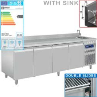 Ventilated "wall" cooling table, 4 doors GN 1/1, with sink