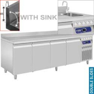 Ventilated "wall" cooling table, 4 doors GN 1/1, with sink