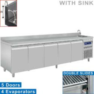Ventilated "wall" cooling table, 5 doors GN 1/1, with sink