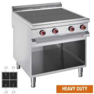 Electric stoves 4 plates aligned with the top, open cupboard