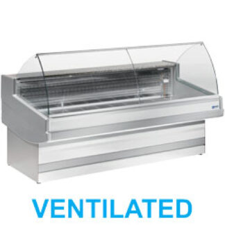 Ventilated refrigerated counter display with curved glass panel without storeroom