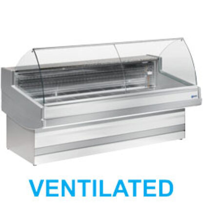 Ventilated refrigerated counter display with curved glass panel without storeroom
