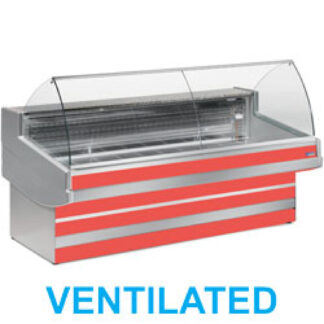 Ventilated refrigerated counter display with curved glass panel without storeroom