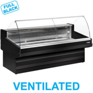 Ventilated refrigerated counter display with curved glass panel without storeroom