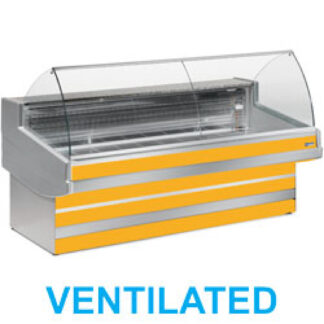 Ventilated refrigerated counter display with curved glass panel without storeroom