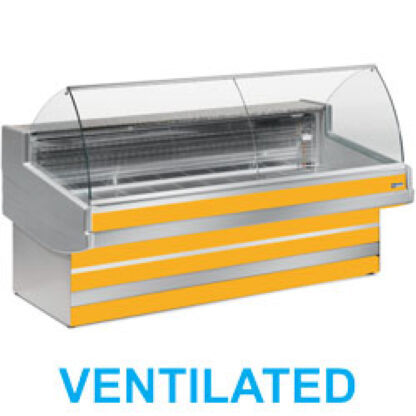 Ventilated refrigerated counter display with curved glass panel without storeroom