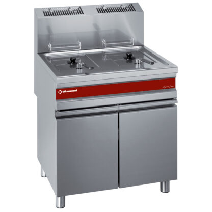 Gas fryer, two 15-liters tank on cupboard