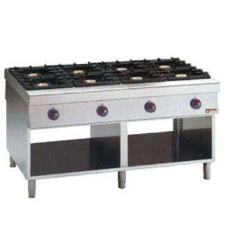 Gas cooker with 8 burners, 2 open cupboards, "service hatch"