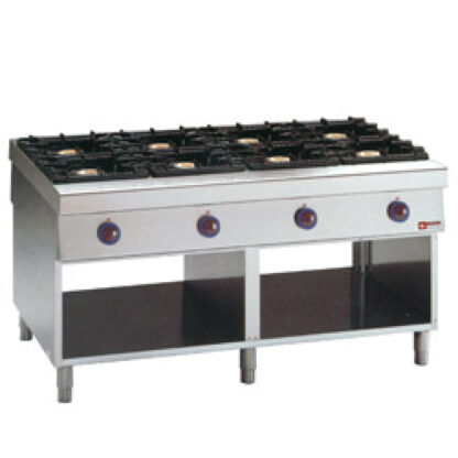 Gas cooker with 8 burners, 2 open cupboards, "service hatch"