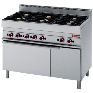 Range with 6 open burners on gas oven and neutral cupboard