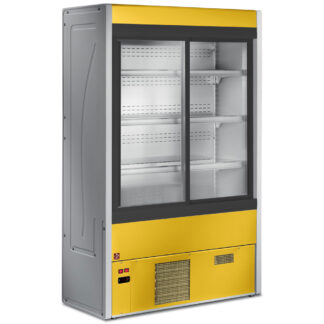 Ventilated refrigerated wall unit with glass sliding doors