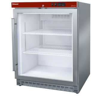 Ventilated refrigerator, glass door, 150 liters. stainless steel