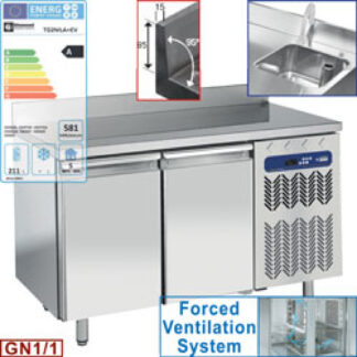 Ventilated "wall" cooling table, ventilated, 2 doors GN 1/1, with sink