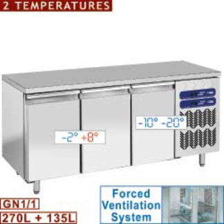 Ventilated cooling & freezing table, 2 temperatures, 3 doors GN 1/1