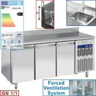 Ventilated "wall" cooling table, ventilated, 3 doors GN 1/1, with sink