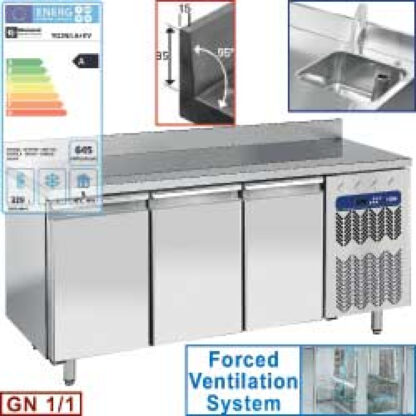 Ventilated "wall" cooling table, ventilated, 3 doors GN 1/1, with sink