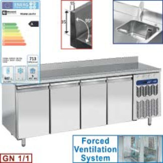 Ventilated "wall' cooling table, ventilated, 4 doors GN 1/1, with sink