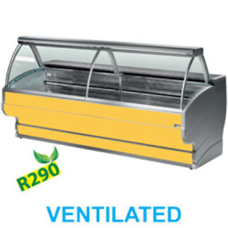 Refrigerated display counter curved glass, ventilated, with reserve