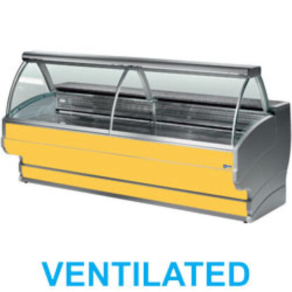 Refrigerated display counter curved glass, ventilated, with reserve