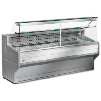 Refrigerated display counter with straight glass panel 90Â°, with reserve
